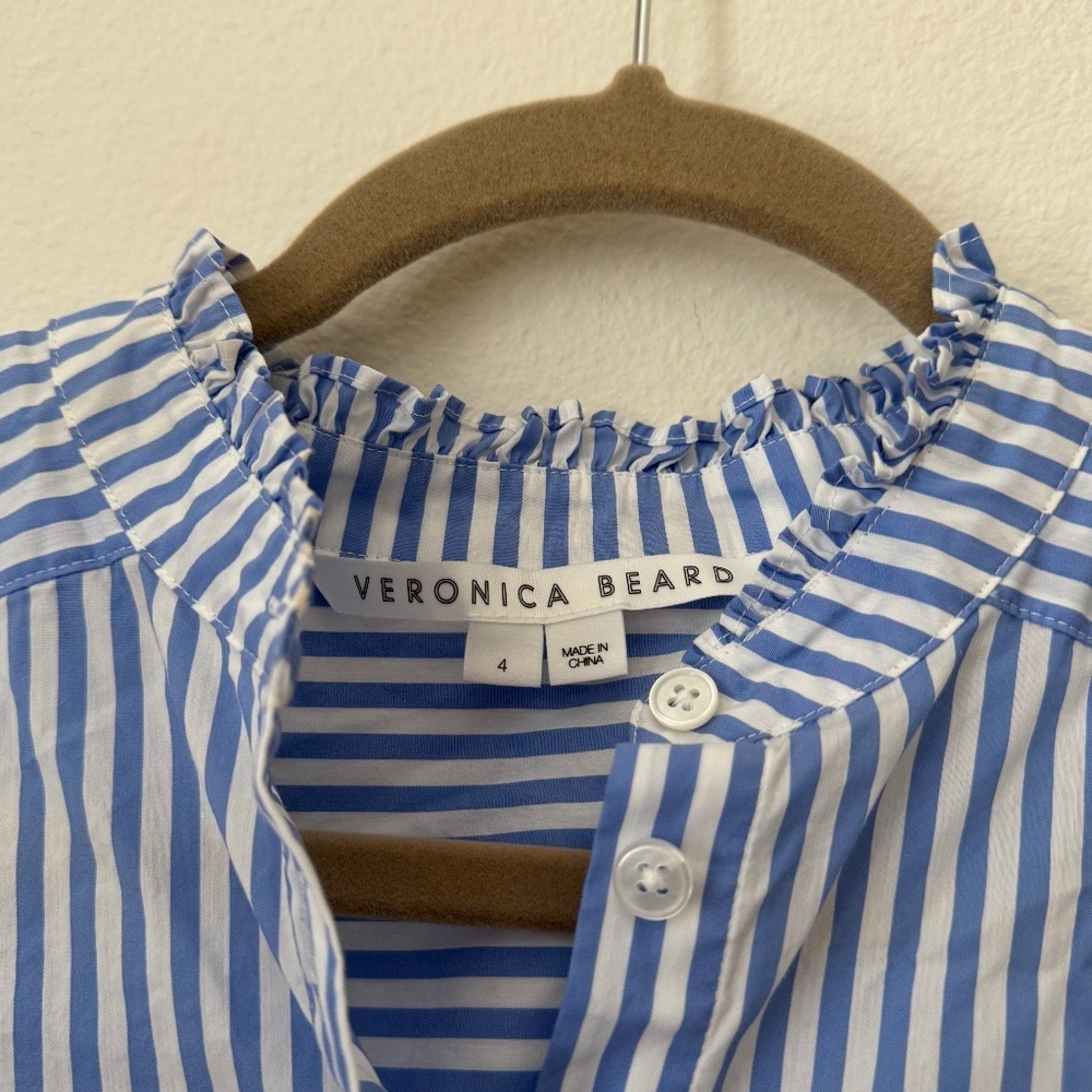 Veronica Beard Bluebell Stripe Ruffle Whitman Shirt Blouse Blue and White - Picture 6 of 9